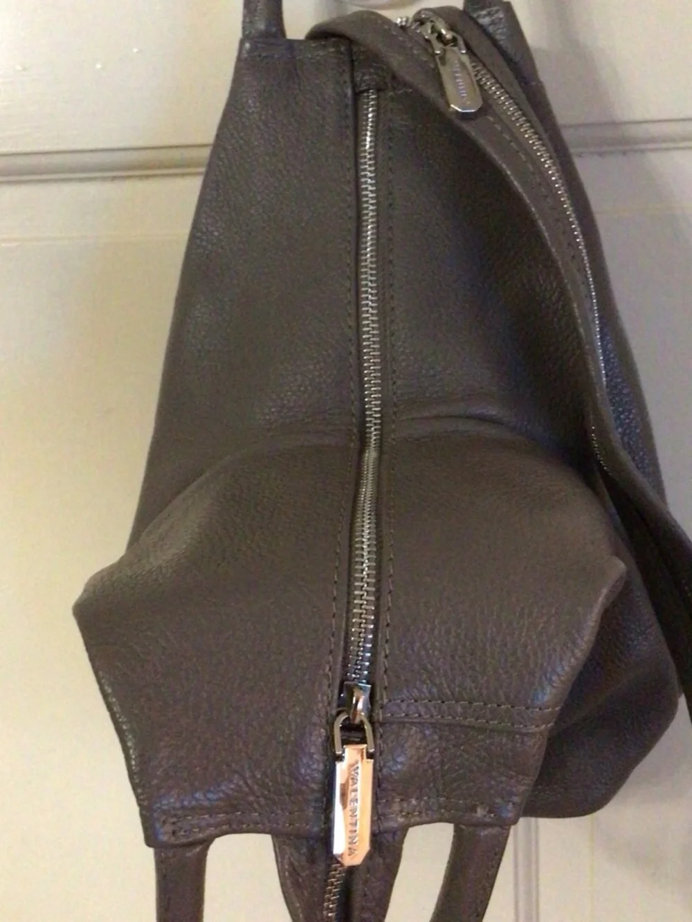 Valentina Gray Leather Teardrop Sling Backpack with Diagonal Zip